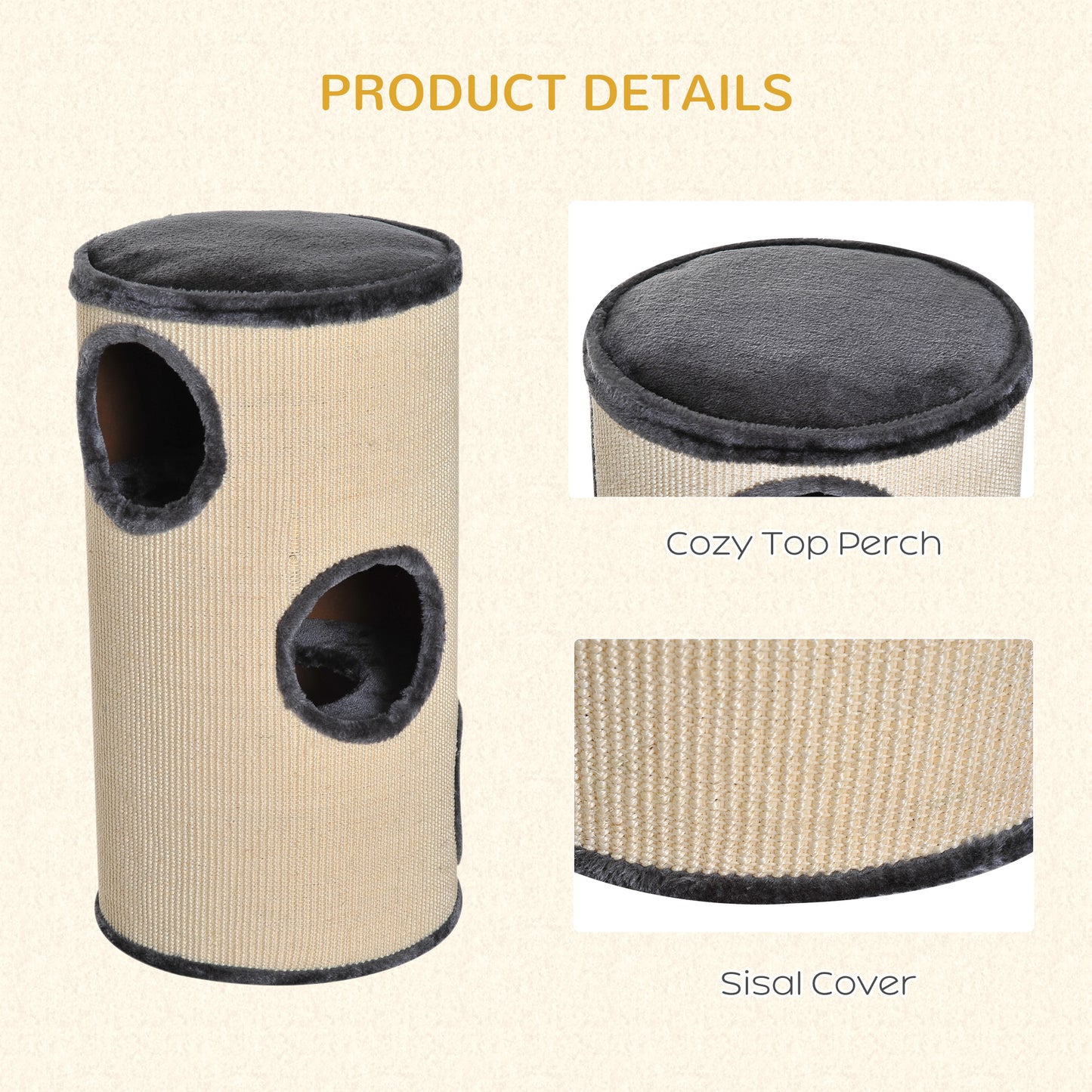 Cat Scratching Barrel Sisal Activity Center Post 3 Dens Observation Deck 70H cm