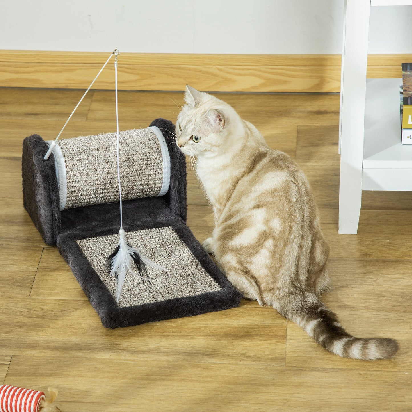 Cat Scratcher Sisal Scratching Pad Mat Board Kitten Toy W/ Roller Feather Teaser 44 x 24 x 16 cm