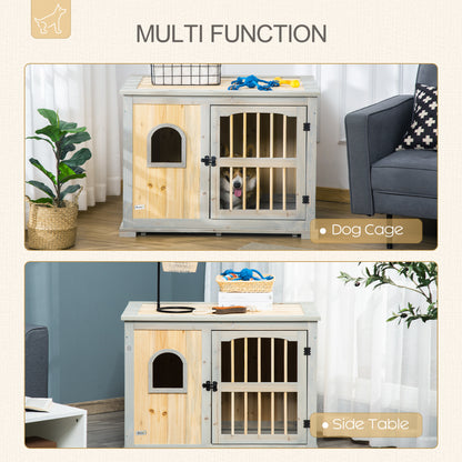 Wooden Dog Crate, Furniture Style Dog Kennel End Table w/ Lockable Door, Window, for Small, Medium Dogs, Grey and Natural