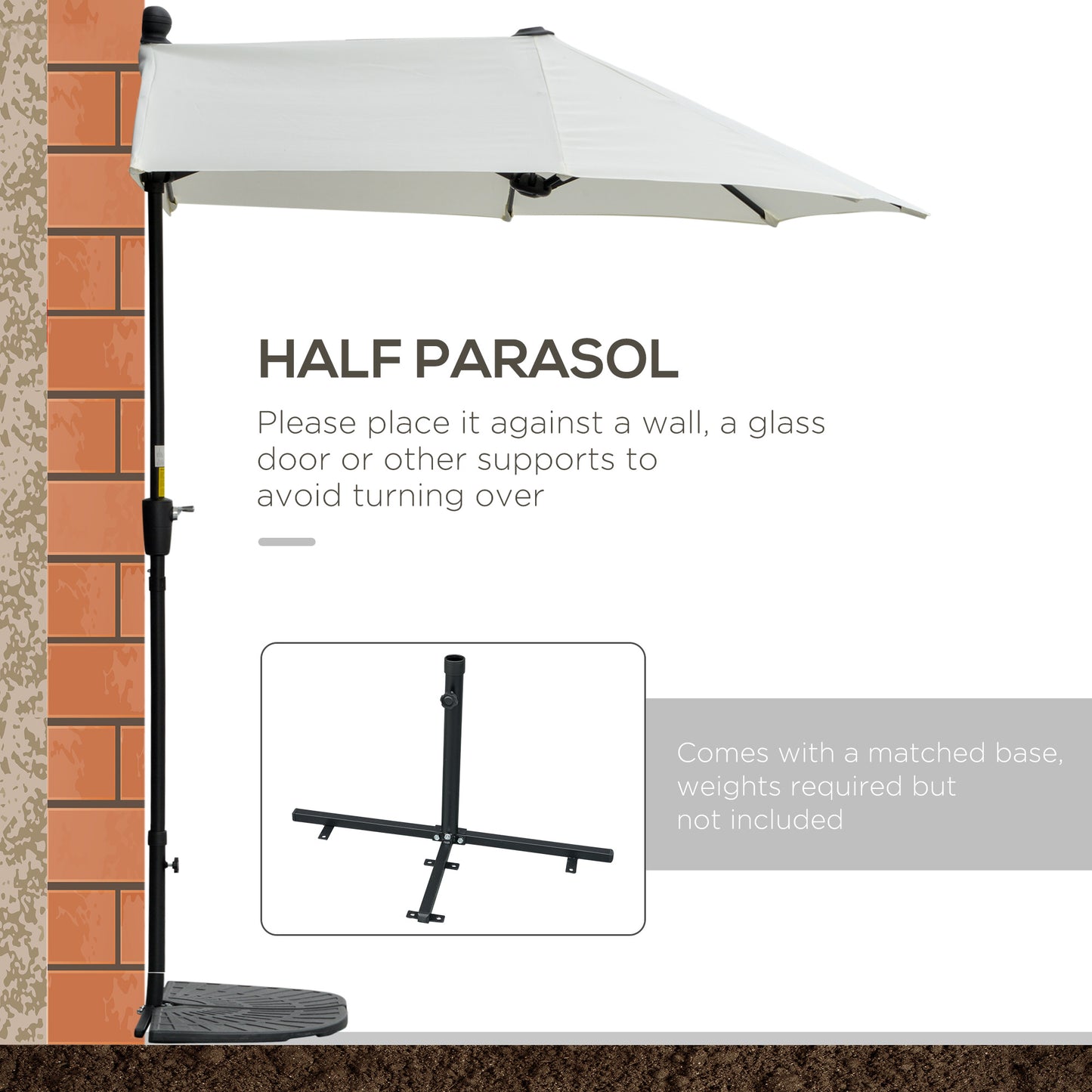 2m Half Parasol Market Umbrella Garden Balcony Parasol with Crank Handle, Cross Base, Double-Sided Canopy, Cream White