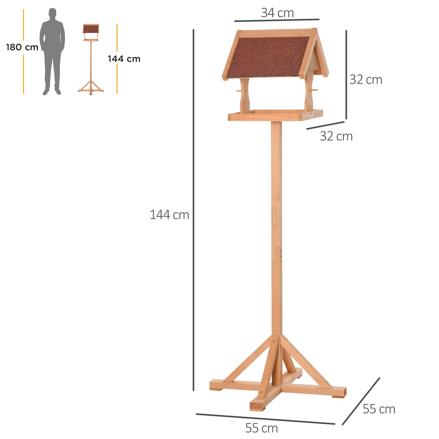 Wooden Bird Feeder Table Freestanding with Weather Resistant Roof Cross-shaped Support Feet