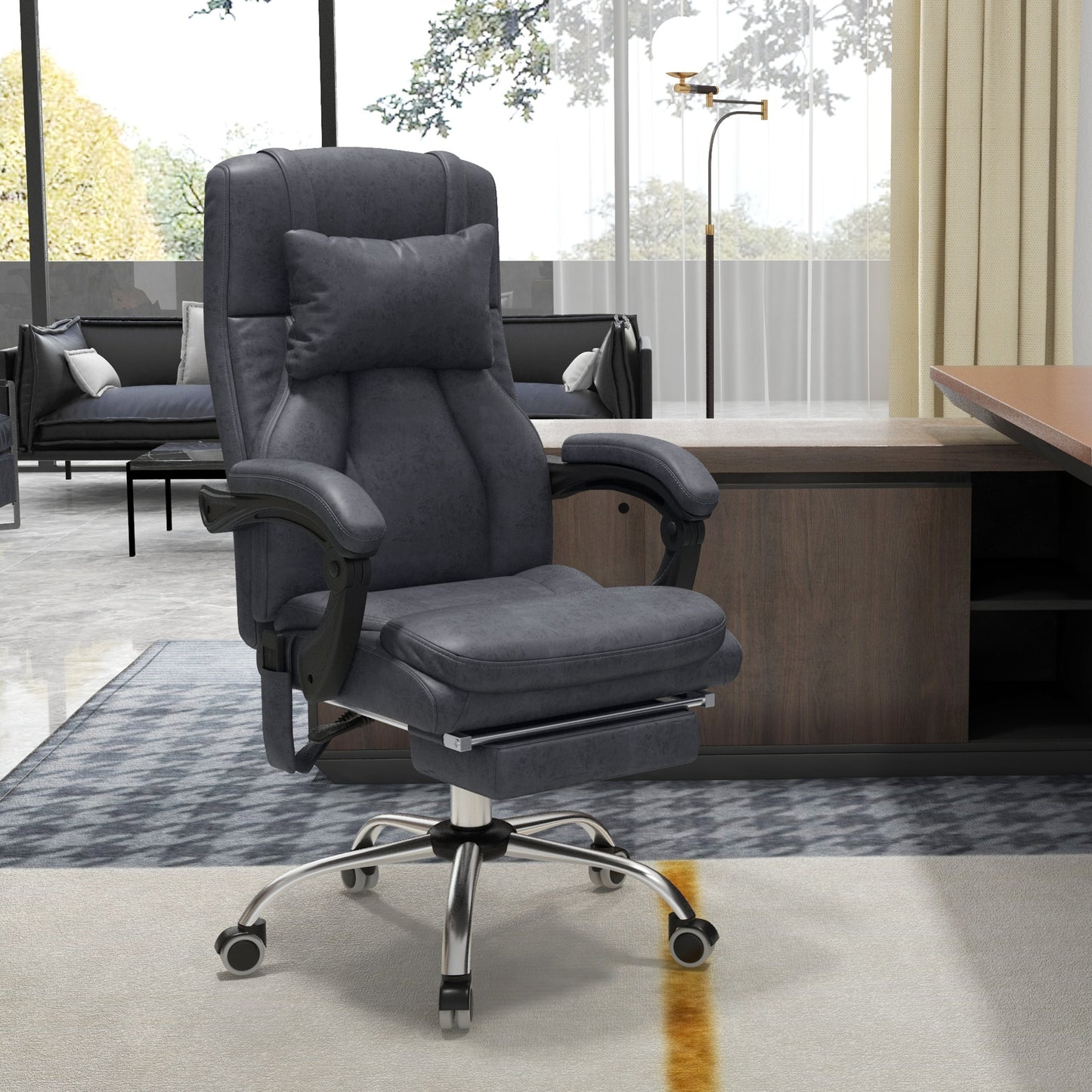 Executive Office Chair, Massage Office Chair, Office Chair, w/Headrest, Footstool, 135° Reclining, 360° Swivel Dark Grey