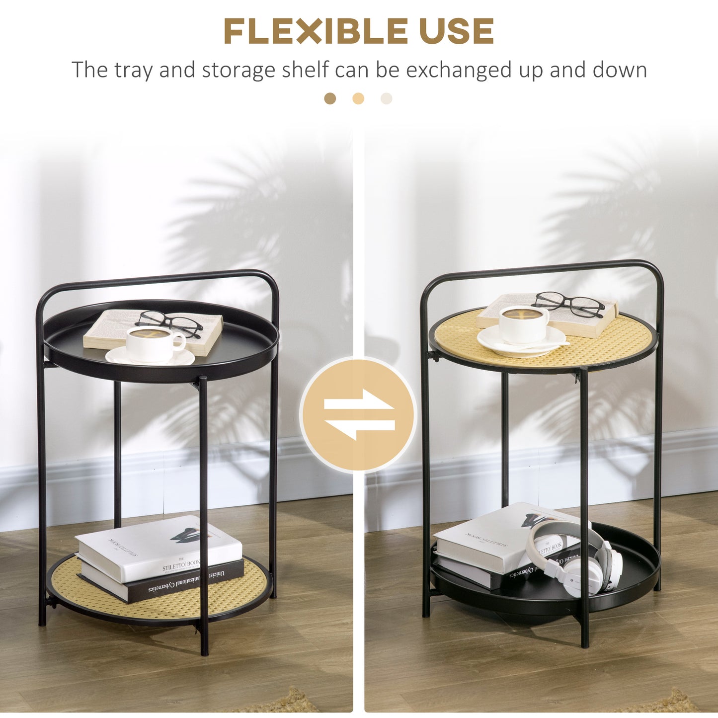 Round End Table with Detachable Tray and Plastic Rattan Shelf, End Table with Steel Frame, Black