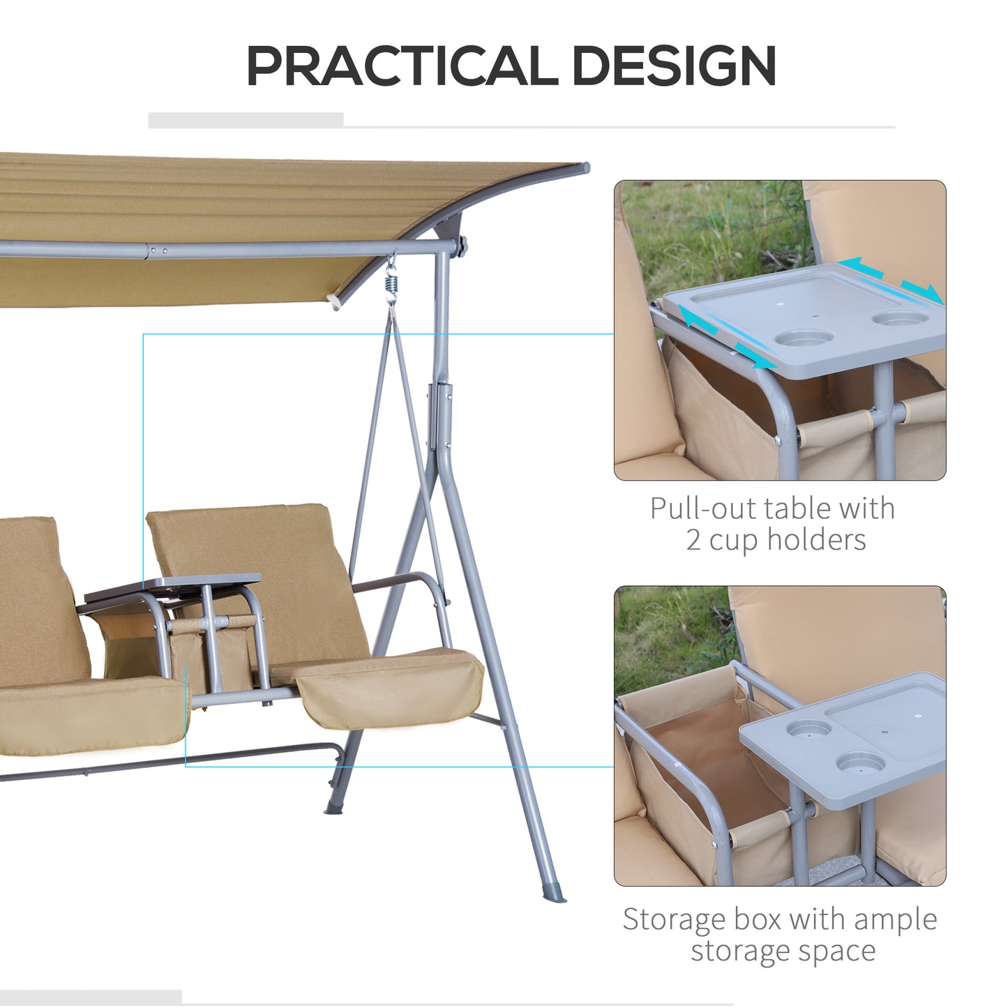 Outdoor Double Swing Chair Sun Shade Heavy Duty Cushioned Adjustable Canopy - Beige