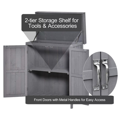 74 x 43 x 88cm Garden Shed Outdoor Garden Storage Shed Wooden Chest Double Doors with Shelf Hinged Roof Compact Size -Grey