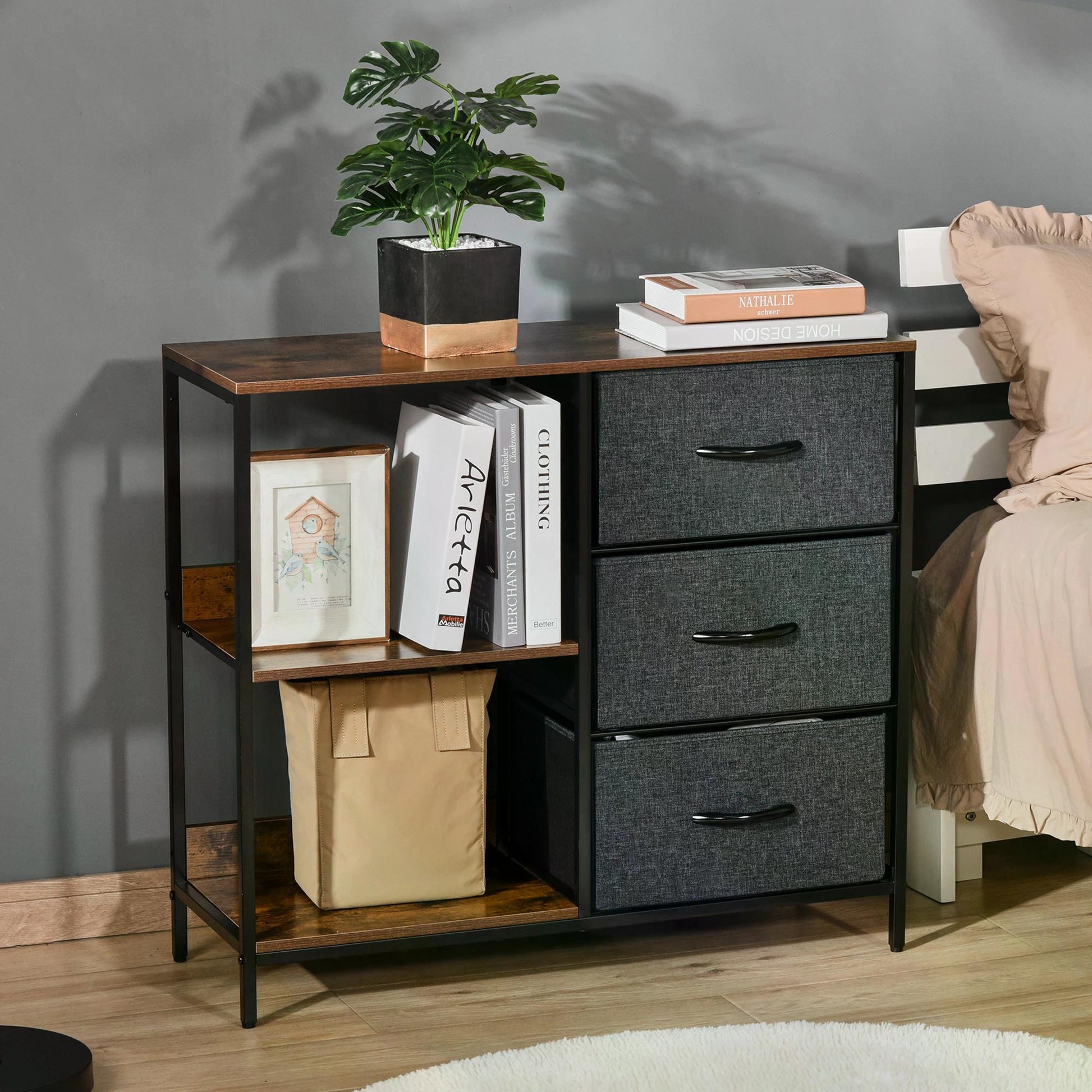 HOMCOM Fabric Chest of Drawers, 3 Drawers, 3 Shelves, Industrial for Living Room Bedroom Black  