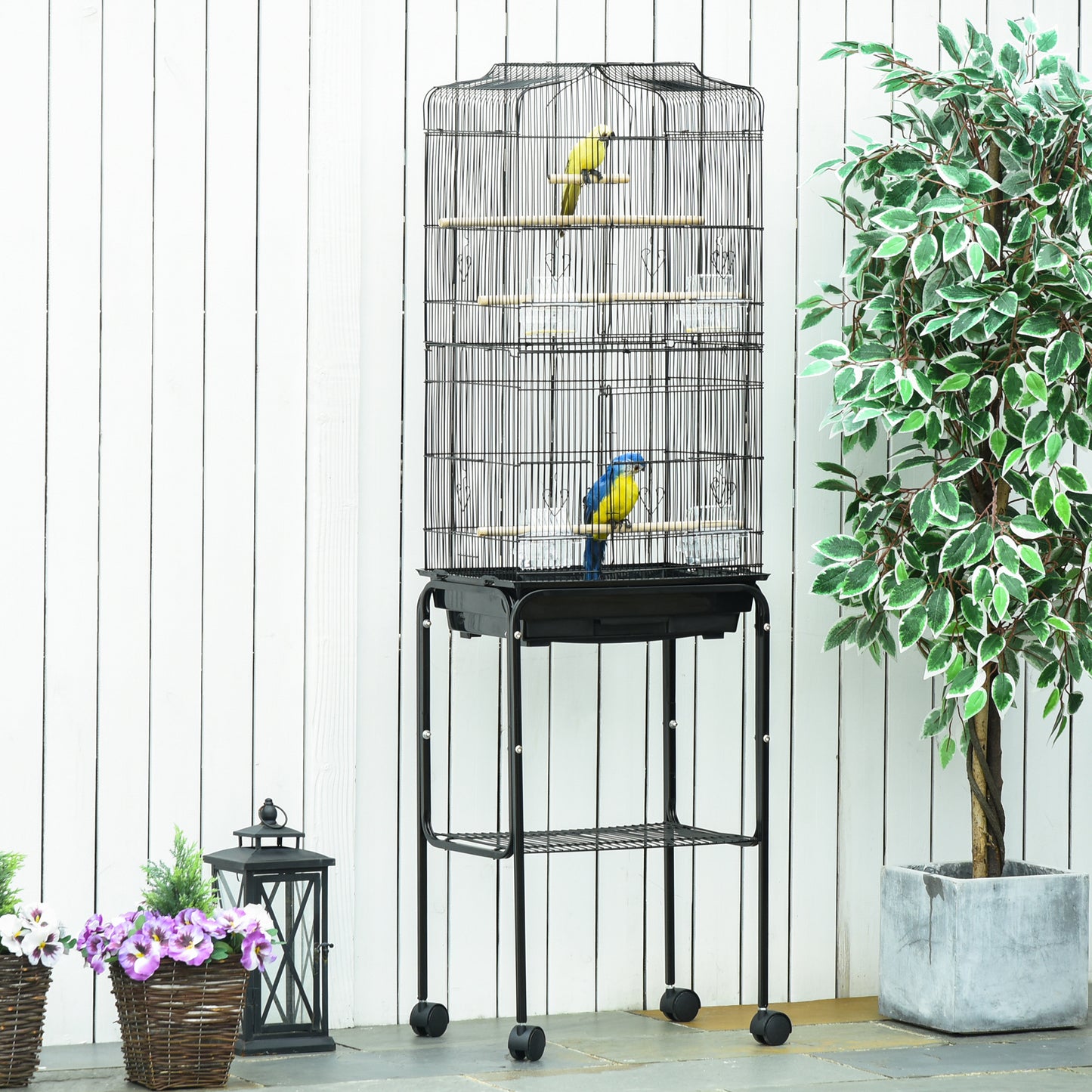 PawHut Bird Cage Budgie Cages for Finch Canary Parakeet w/ Stand Wheels Slide-out Tray Storage Shelf Black 36 x 46.5 x 157 cm 