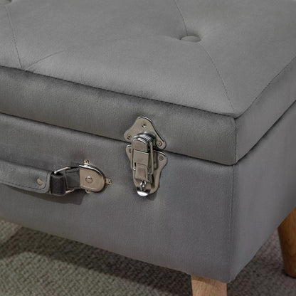 Grey Ottoman with Storage, Faux Velvet Upholstered Trunk w/ Wooden Legs