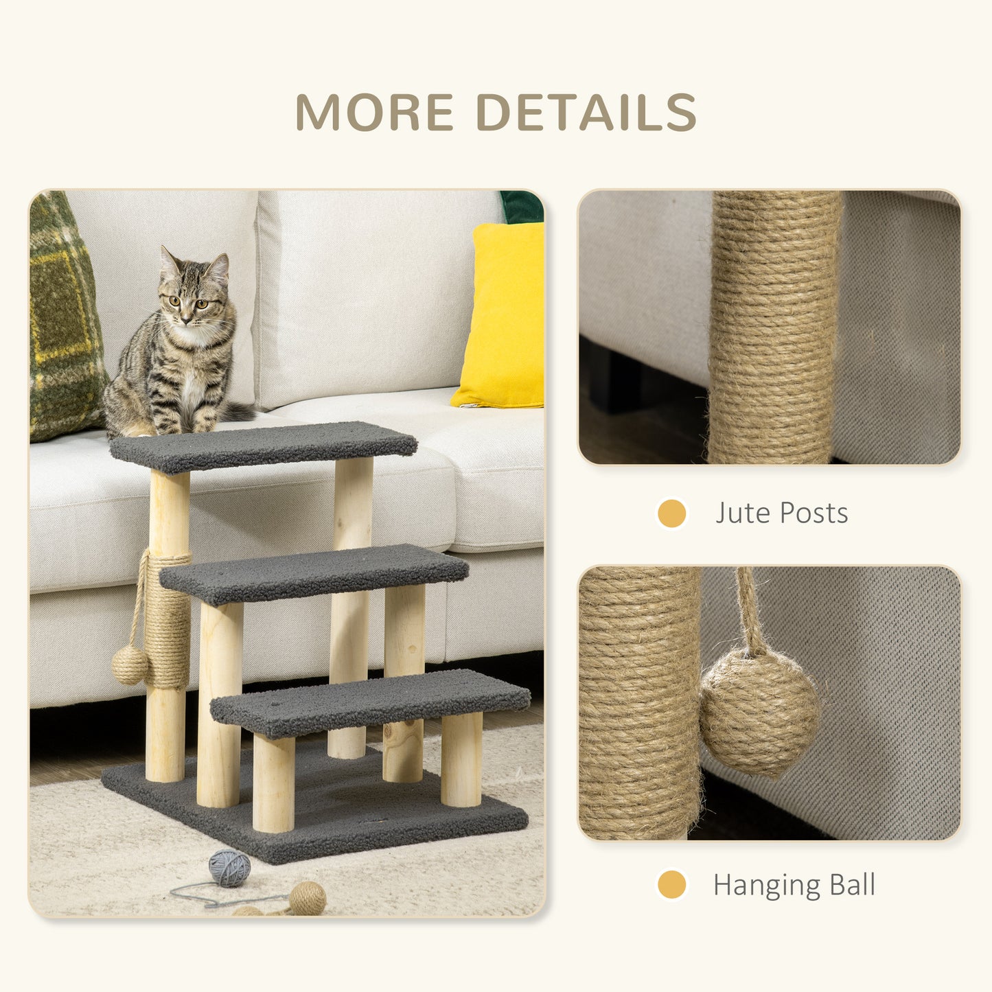 Cat Ladder, Cat Stair, Cat Ramp, for Kitten, w/ Scratching Post, Hanging Ball, Soft Touch, Three Layer, Grey