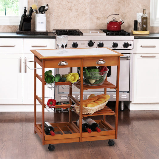 HOMCOM Wooden Kitchen Trolley Rolling Cart Drawers, 3 Shelves, Honey Colour  