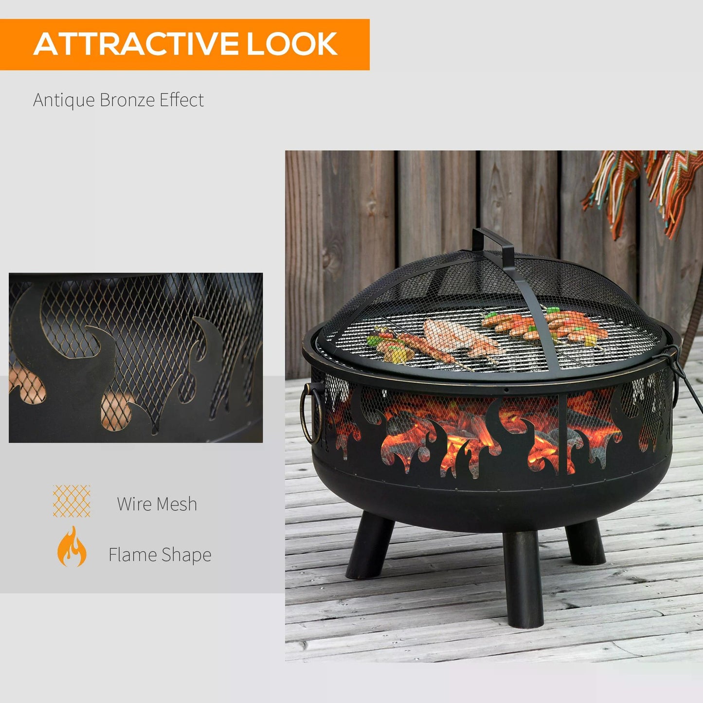 2-in-1 Outdoor Fire Pit with Cooking Grate Steel BBQ Grill Bowl Heater with Spark Screen Cover