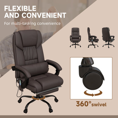 6-Point PU Leather Massage Office Chair, Reclining Chair Height Adjustable Computer Chair with Footrest, Swivel Wheels, Brown