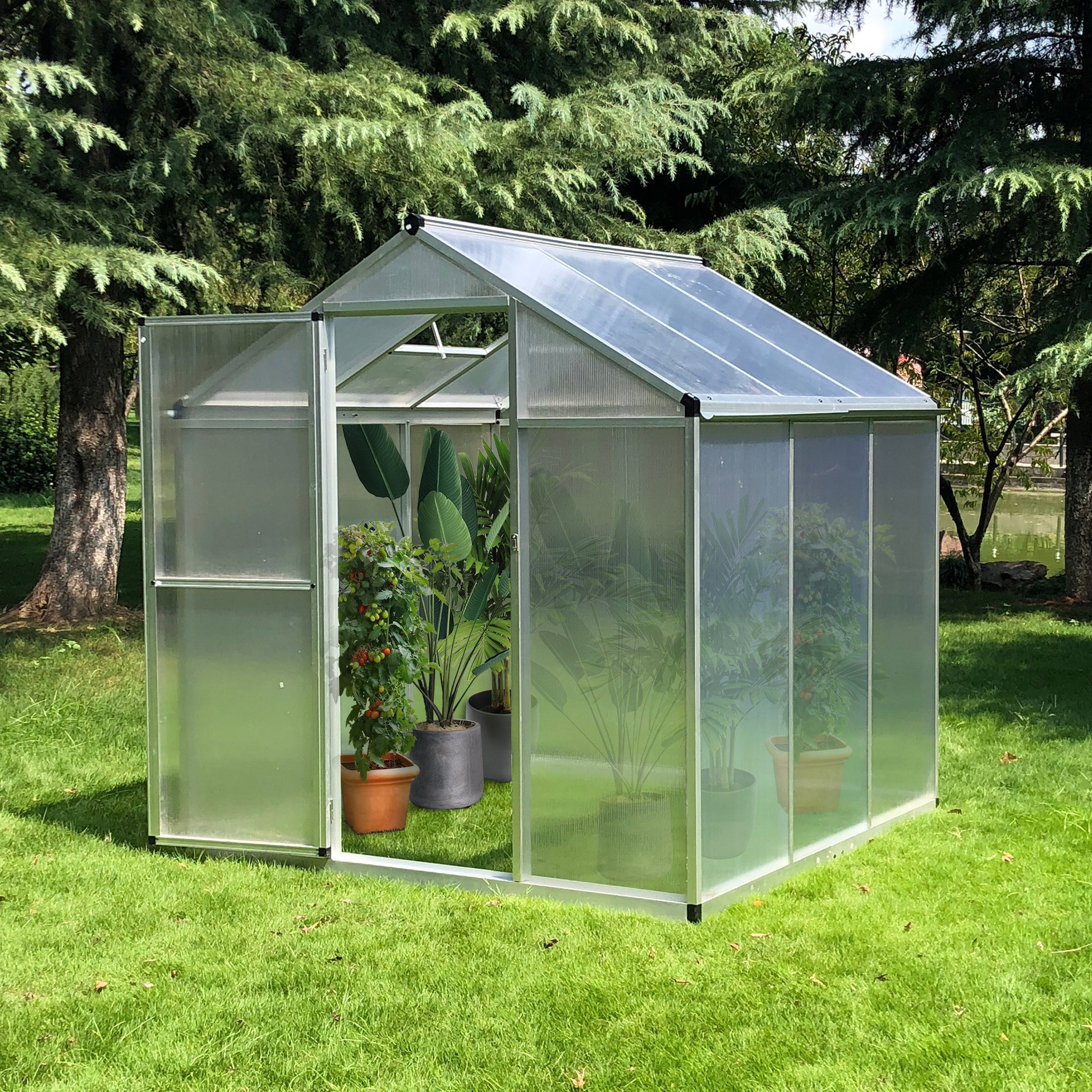 Outsunny Greenhouse w/Sliding Door Window Glavanized Base 4mm PC Panels Aluminium Frame 195x182cm Outdoor  