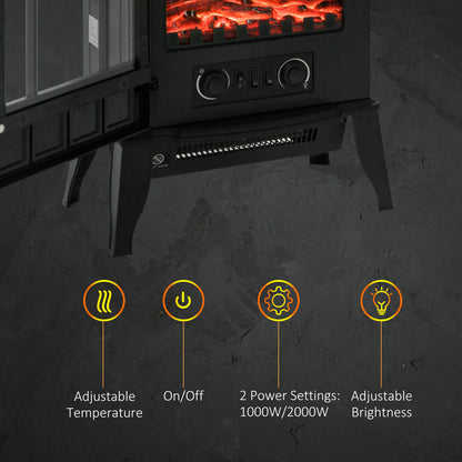 Freestanding Electric Fireplace Heater Black Stove w/ LED Flame Effect 1000W/2000W