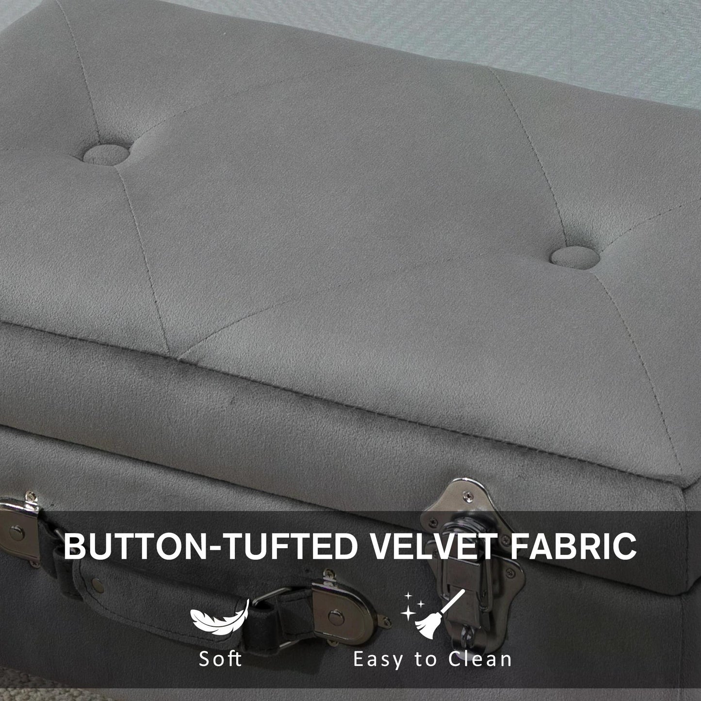 Grey Ottoman with Storage, Faux Velvet Upholstered Trunk w/ Wooden Legs