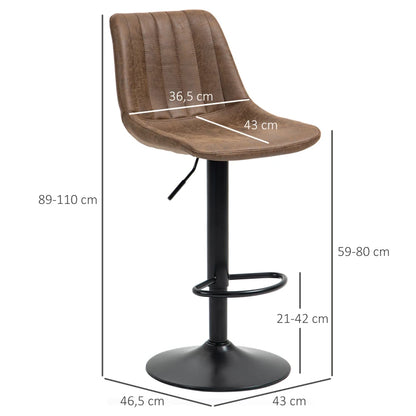 Brown Leather Bar Stools, Armless, Upholstered, Large Round Base, 360° Swivel with Footrest for Home Pub