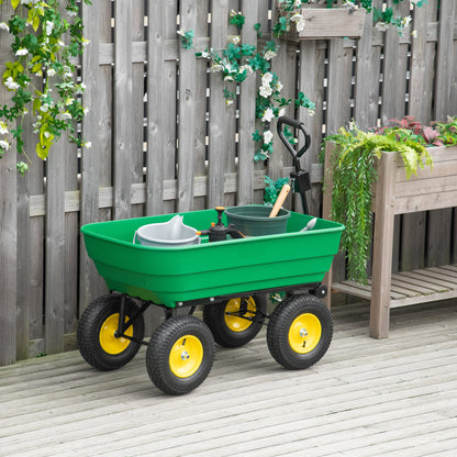 Outsunny 125 Litre Large Garden Cart Heavy Duty 4 Wheel Trolley Dump Wheelbarrow Tipping Truck Trailer - Green