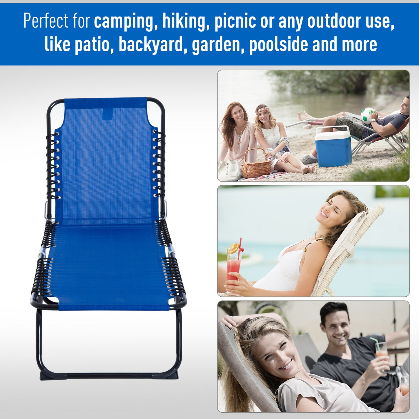 Folding Sun Lounger, 3 Positions-Blue