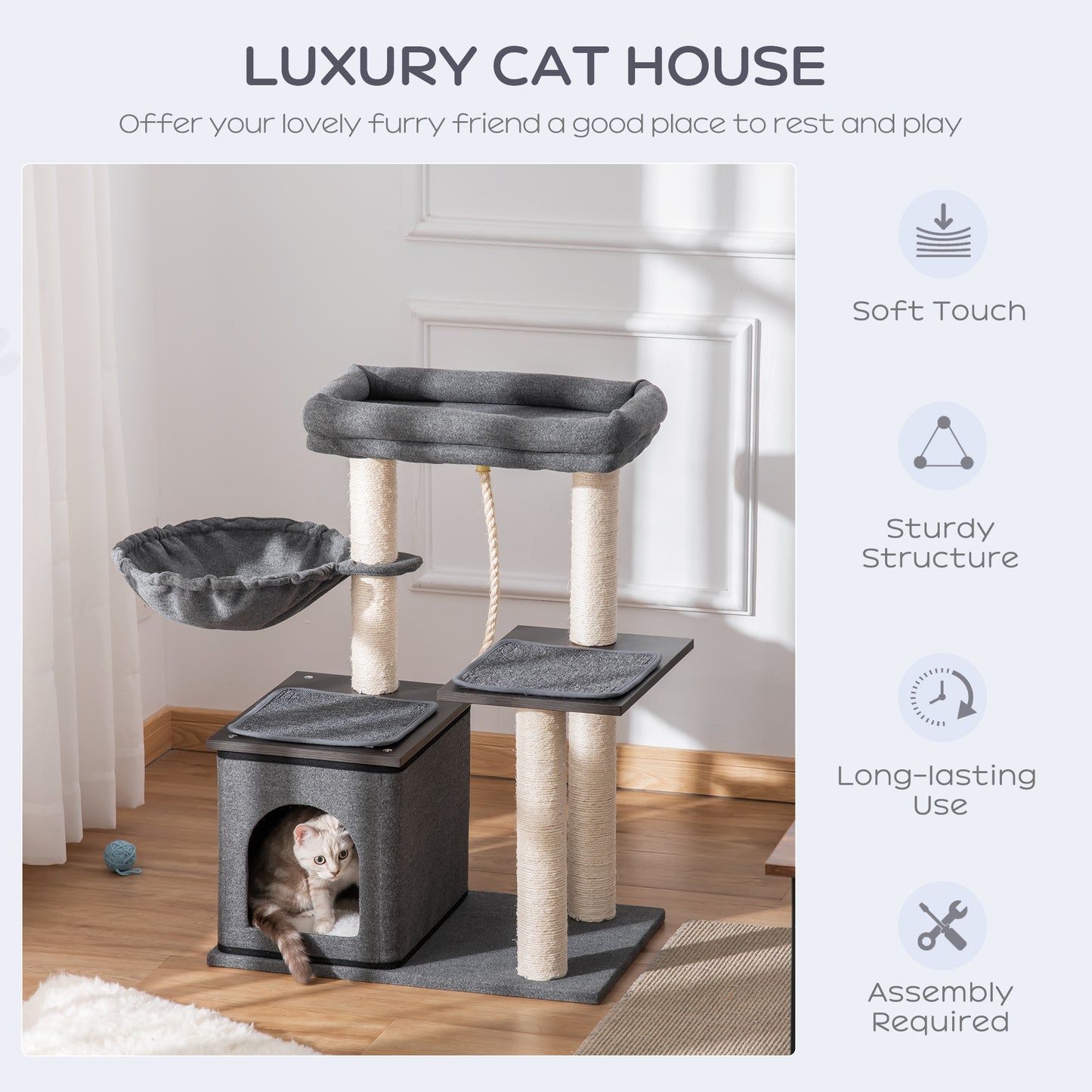 90cm Cat Tree Cat Tower Scratching Post Climbing Tree for Kitten Washable Cushion Activity Center Dark Grey