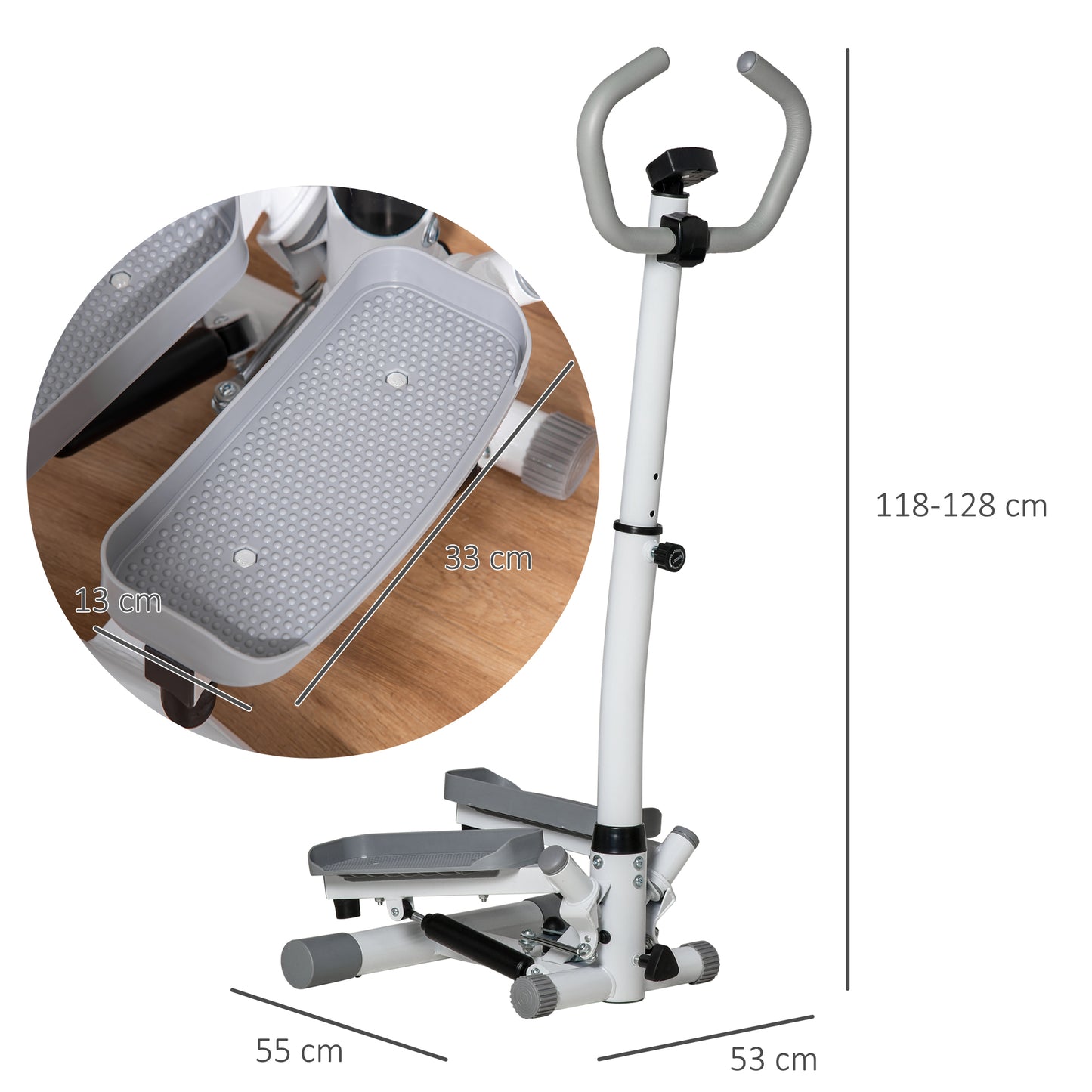 Adjustable Twist Stepper Aerobic Ab Exercise Fitness Workout Machine w/ LCD Screen, Height Adjust Handlebars for Home Gym, White