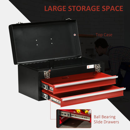 Red Tool Box, Lockable Metal with Ball Bearing Runners, Portable Toolbox, 460mm x 240mm x 220mm