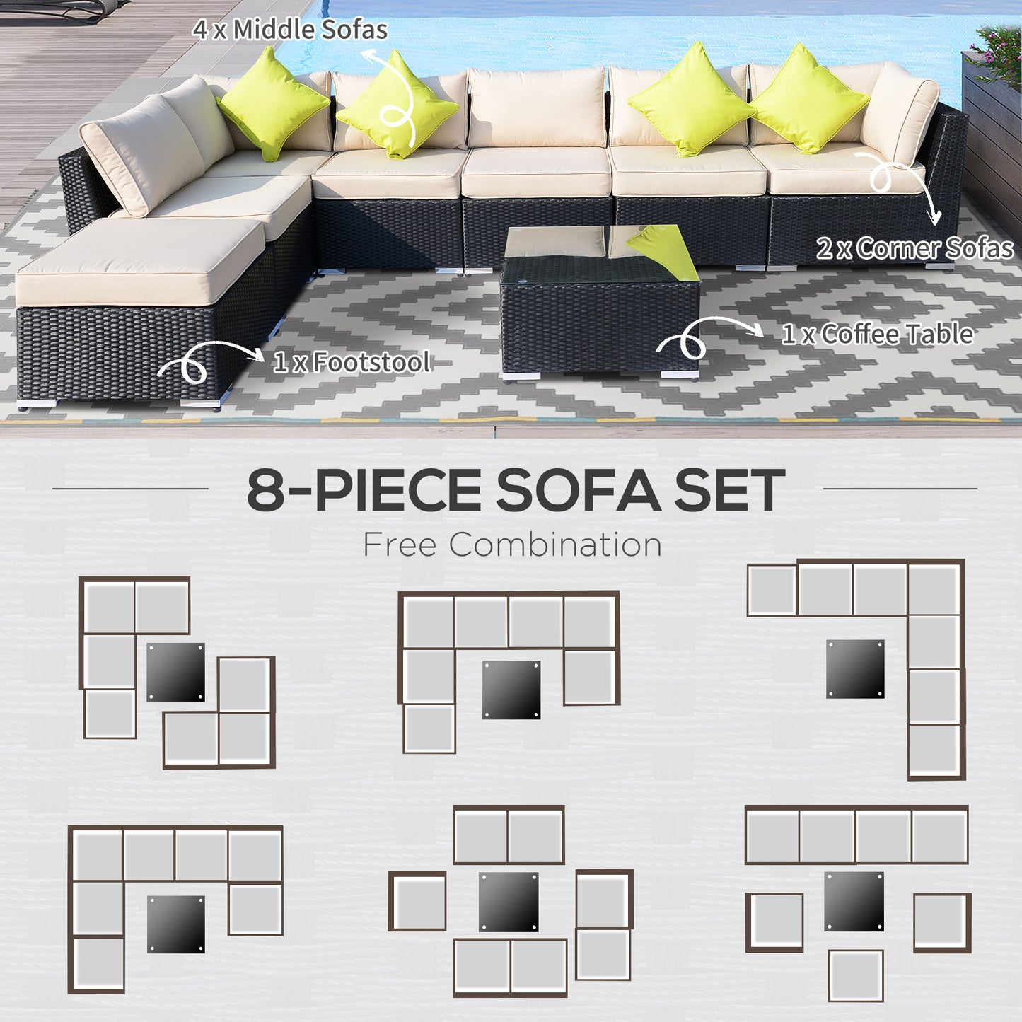 8-Piece Rattan Wicker Sectional Sofa W/ Table and Pillows