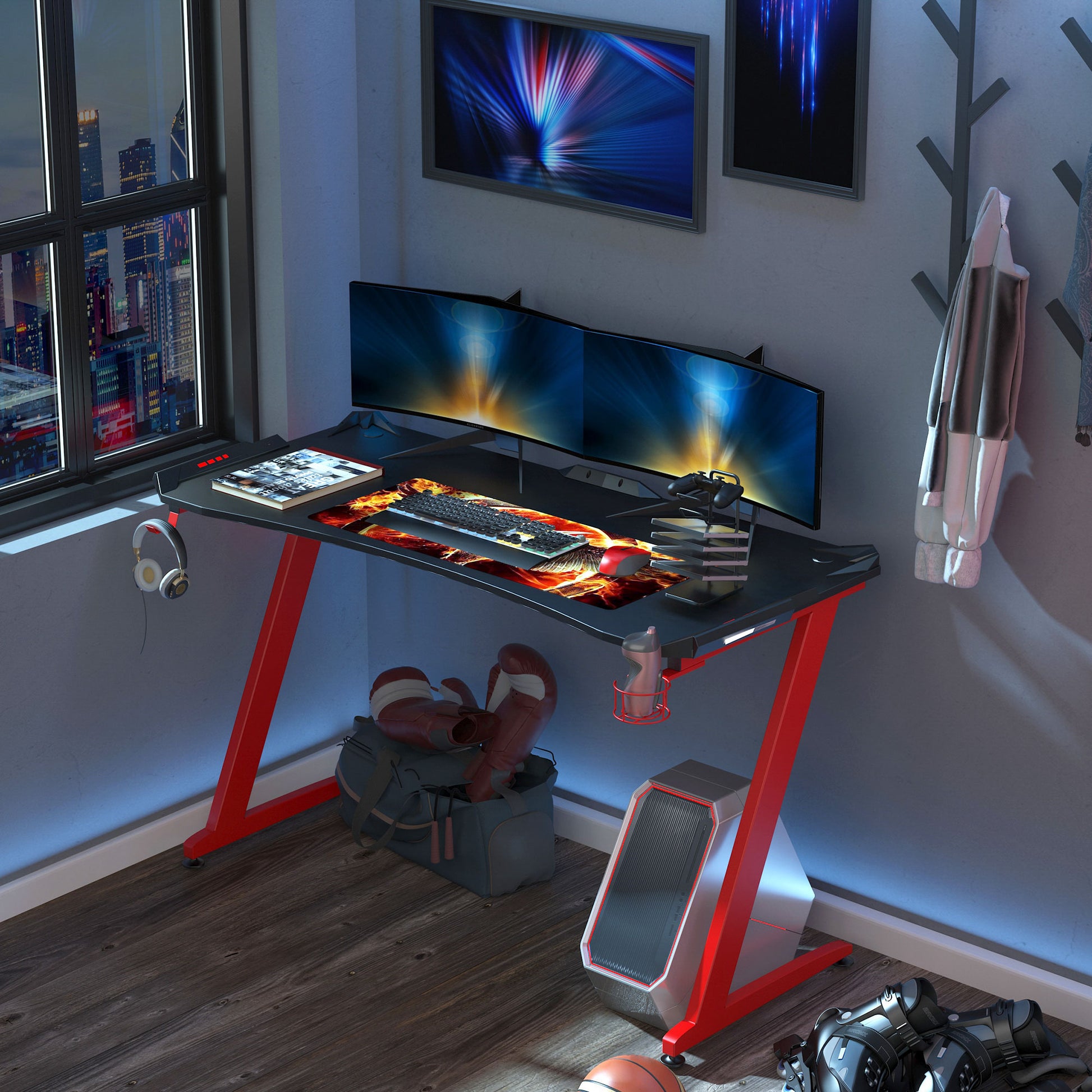 HOMCOM Computer and Gaming Desk,  142cm Width Large Tabletop with Cup Holder, Headphone Hook, Gamepad Holder 