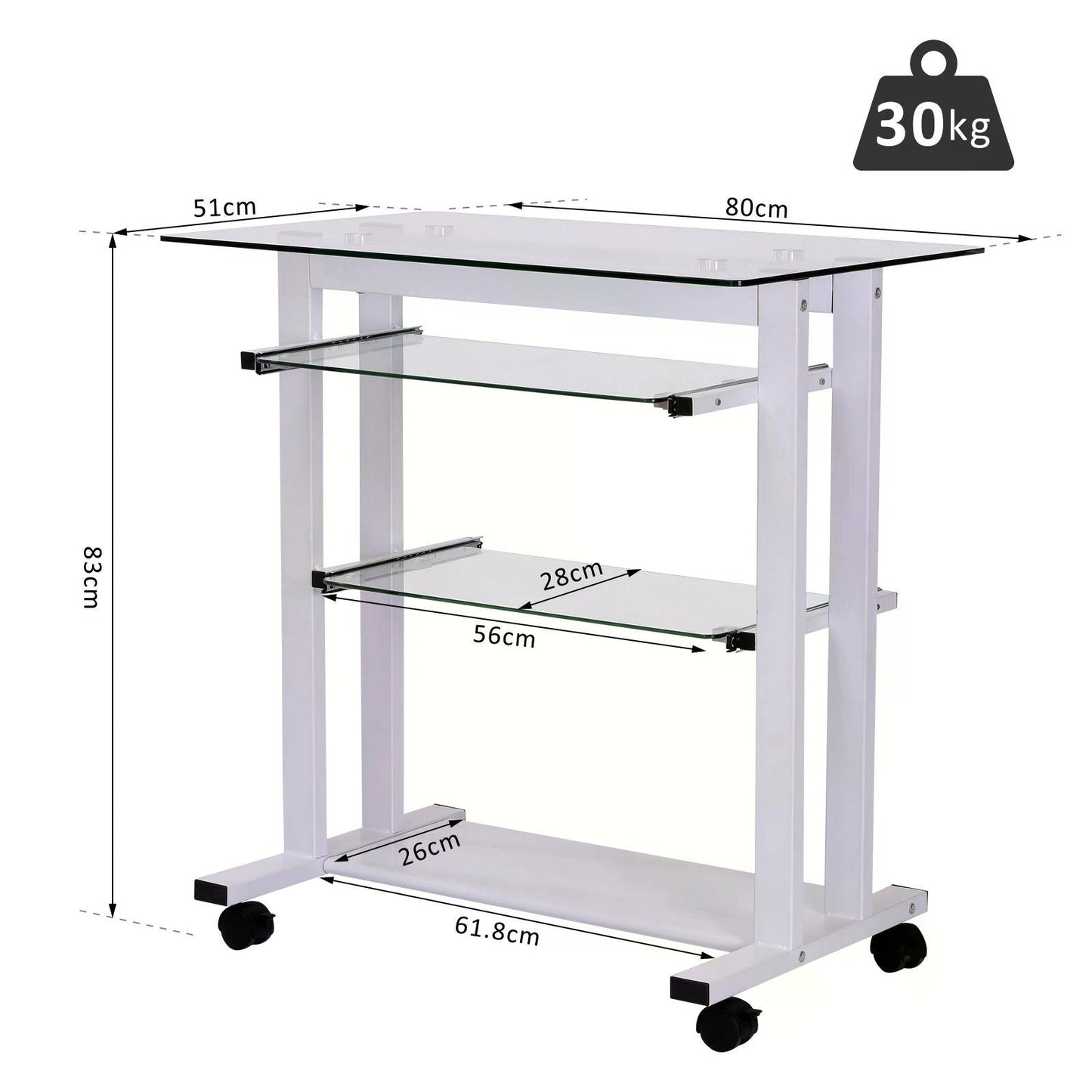 Homcom Workstation W/ Wheels-White, Transparent Glass Desk With Shelf Office Desk Study Desks Work From Home Desk Computer Table