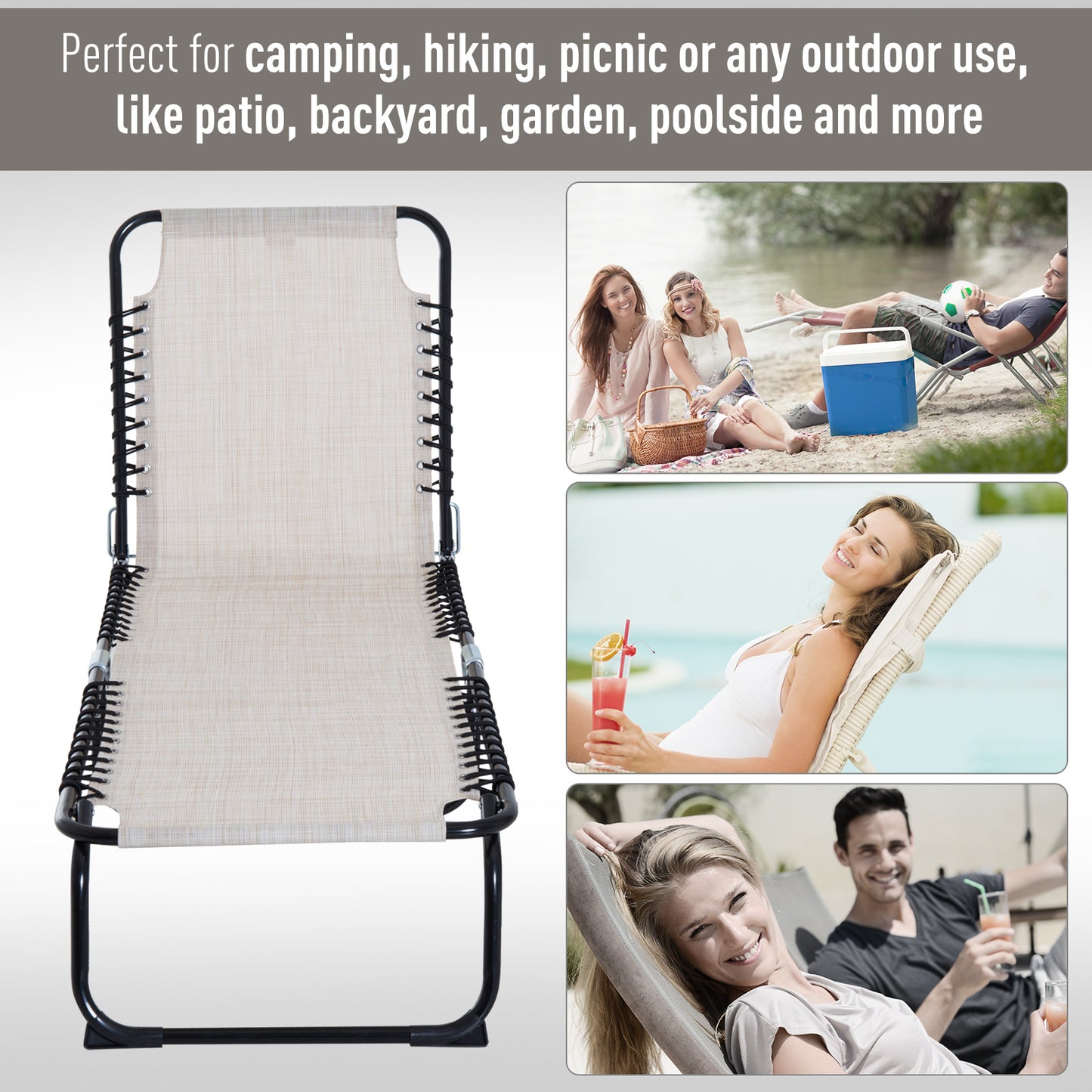 3-Position Reclining Beach Chair Chaise Lounge Folding Chair - Cream White