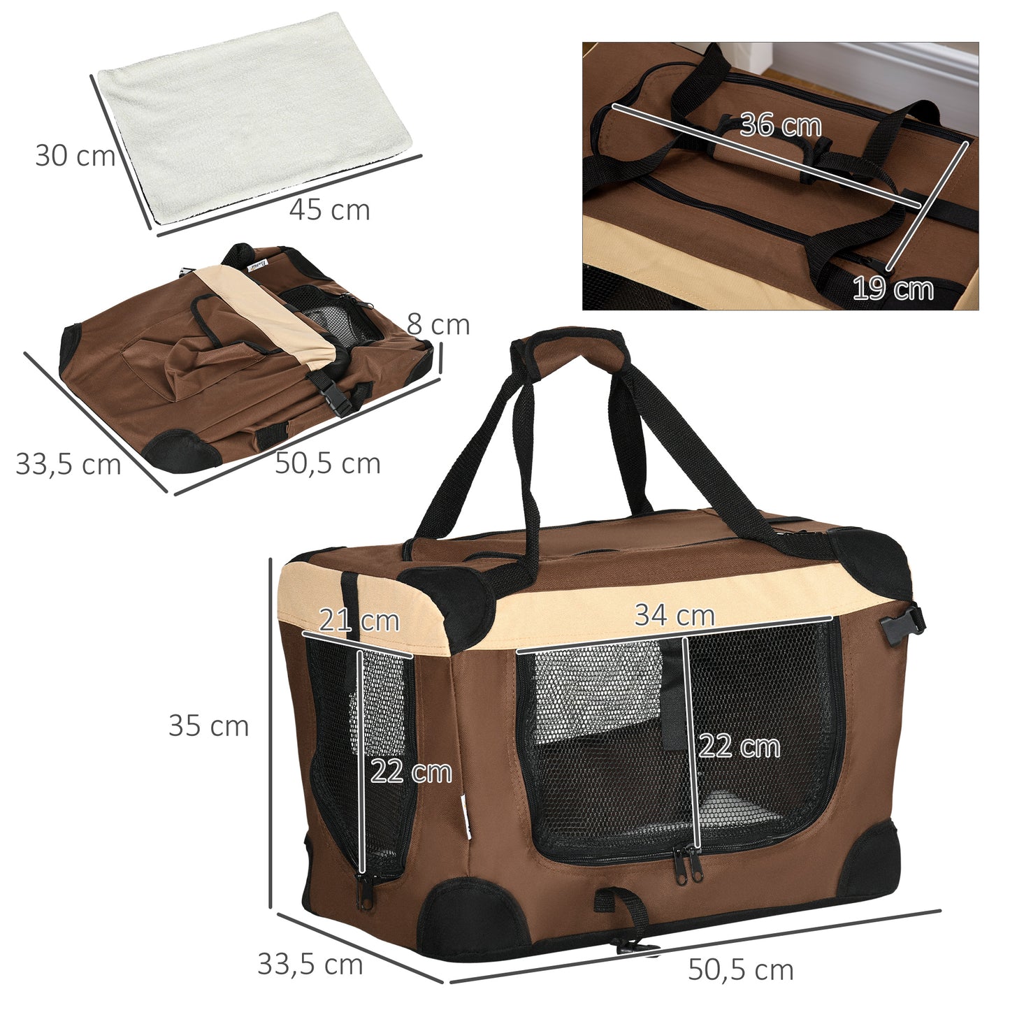 Cat Carrier, Dog Carrier, Dog Travel Crate, Folding Fabric Soft 50.5Lx33.5Wx35Hcm-Brown