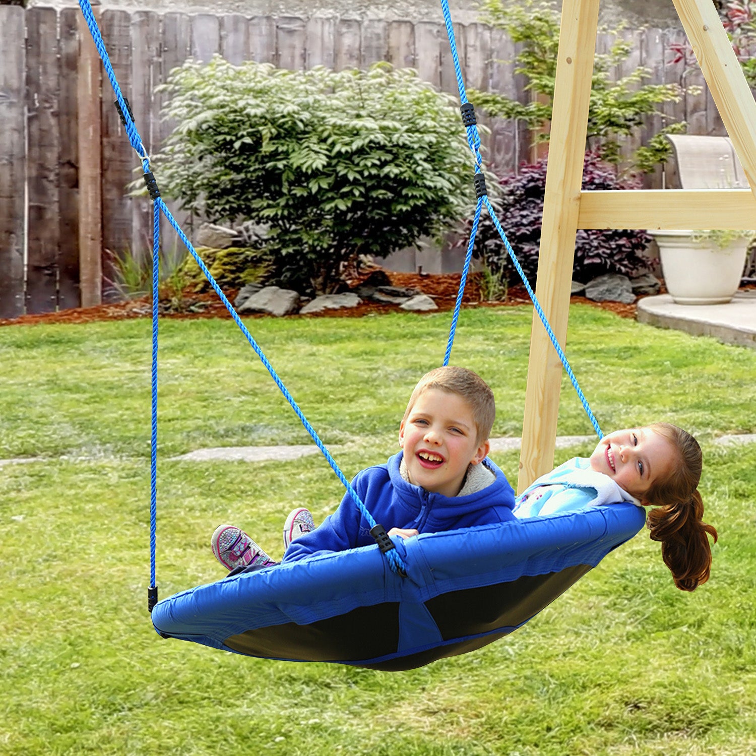 HOMCOM Flying Saucer, Tree Swing, Saucer Swing, Steel Frame, for 3-8 years old, Max Load 100KG, 100cm Diameter, Blue 