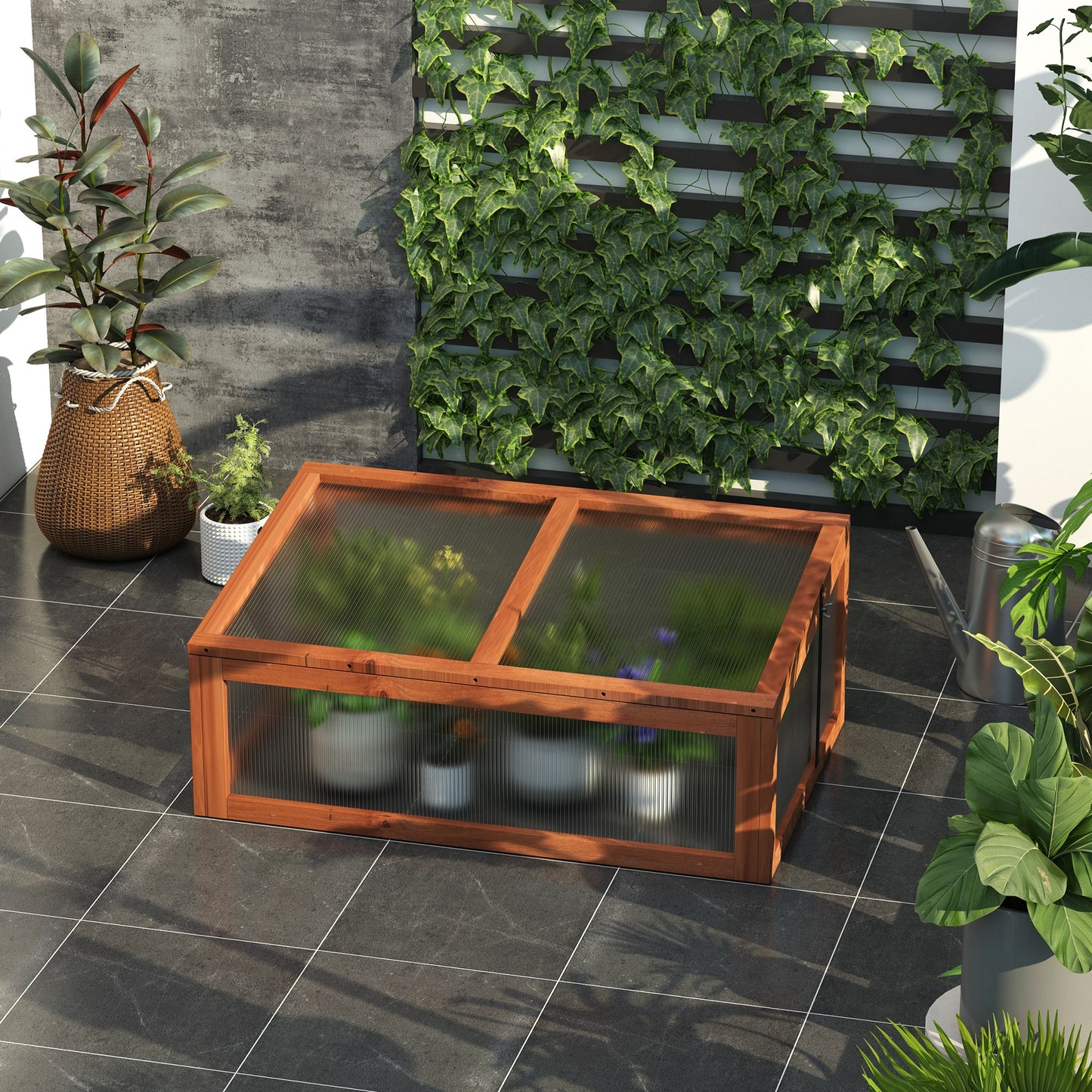 Outsunny Square Wooden Greenhouse for Plants Outdoor with Openable & Tilted Top Cover, PC Board, Brown, 100 x 65 x 40cm