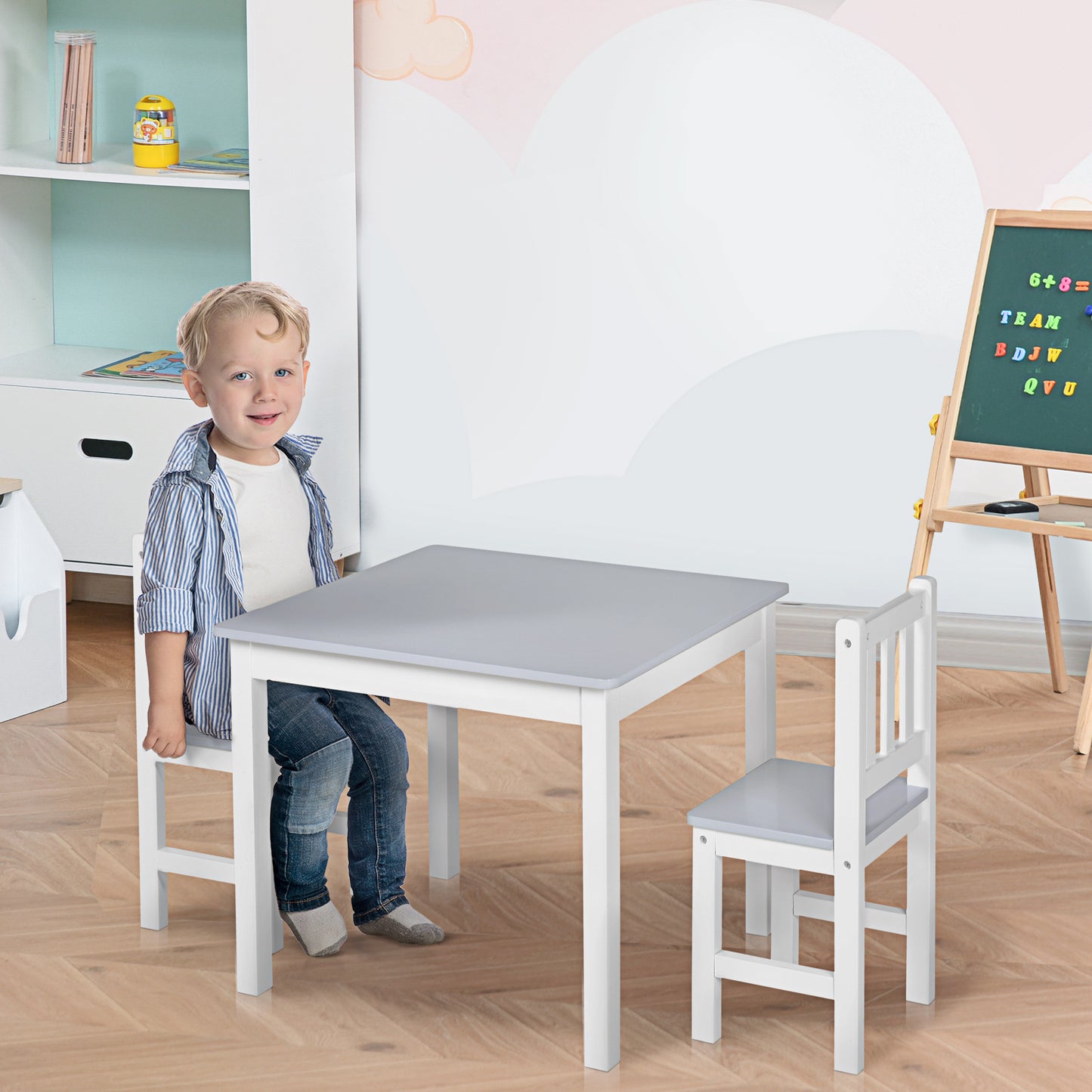 HOMCOM Kids Table and 2 Chairs Set 3 Pieces Toddler Multi-usage Desk for Indoor Arts & Crafts Study Rest Snack Time Easy Assembly Grey 