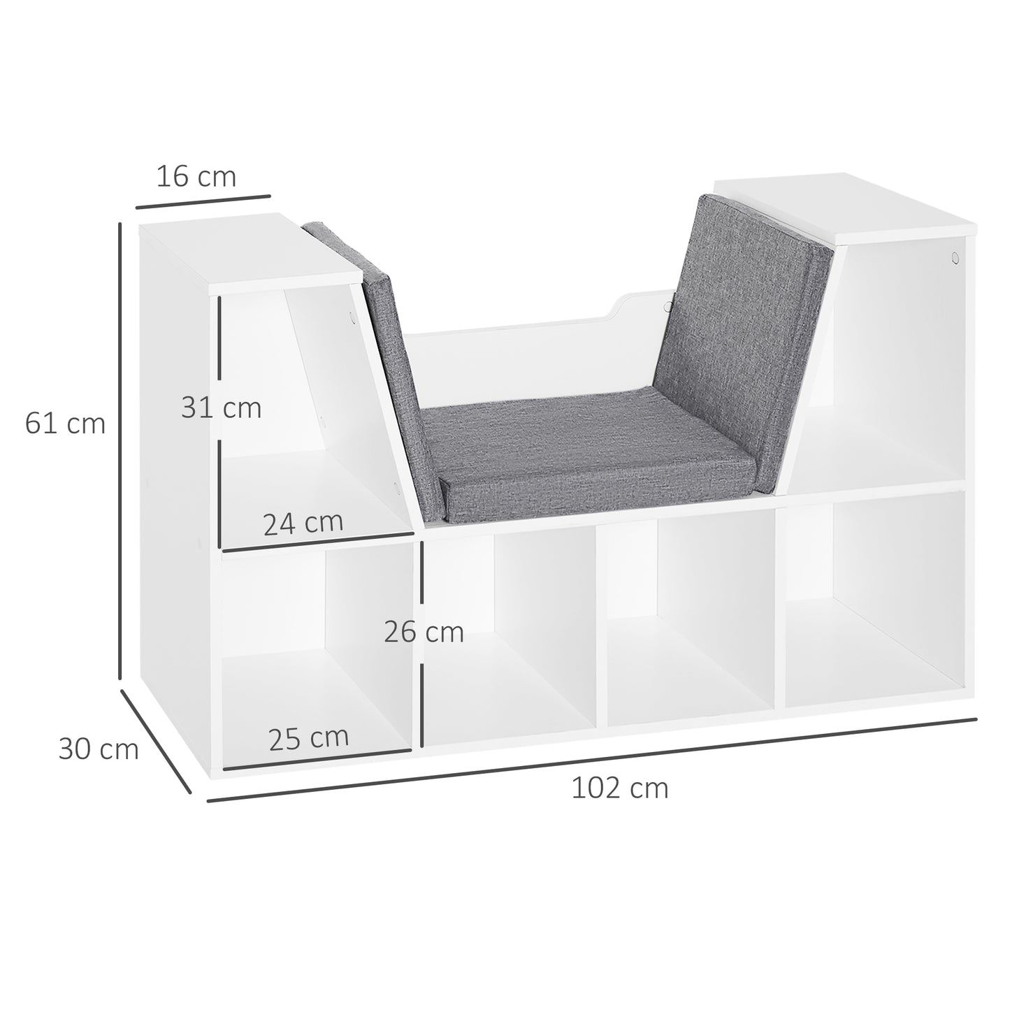 Bookcase Shelf Storage Seat Bedroom Living Room Organiser W/Particle Board Sponge Linen, 102W x 30D x 61Hcm-White/Grey