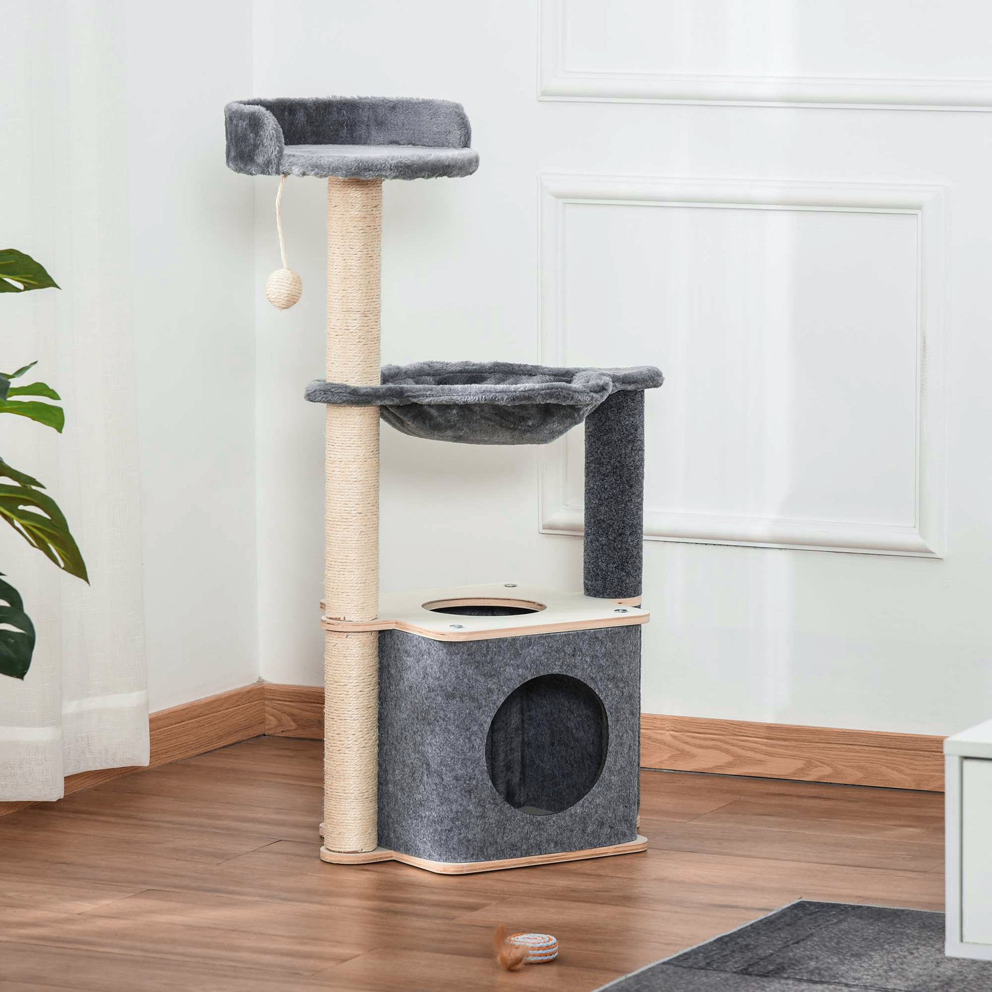 PawHut 95cm Cat Tree Cat Tower Scratching Post Climbing Tree for Kitty w/Removable Felt Activity Center Grey 