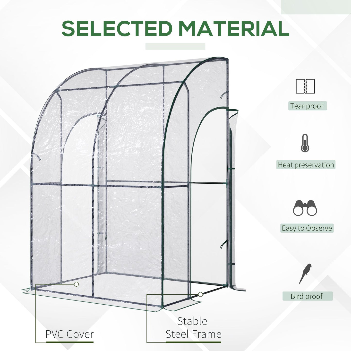 Outdoor Walk-In Lean to Wall Tunnel house w/ Zippered Roll Up Door PVC Cover Sloping Top Clear 143cm x 118cm x 212cm