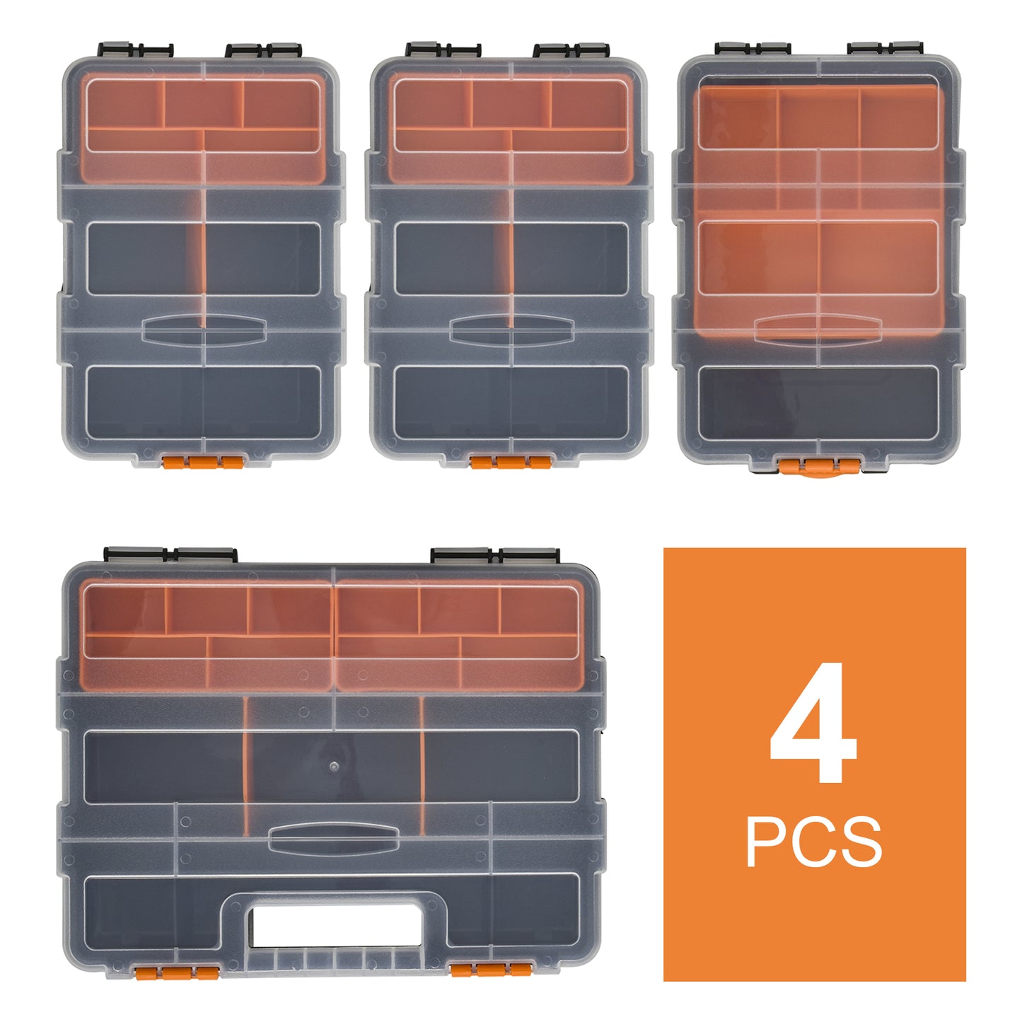 PP 4-Pack Size Variety Tool & Hardware Storage Boxes Black/Orange