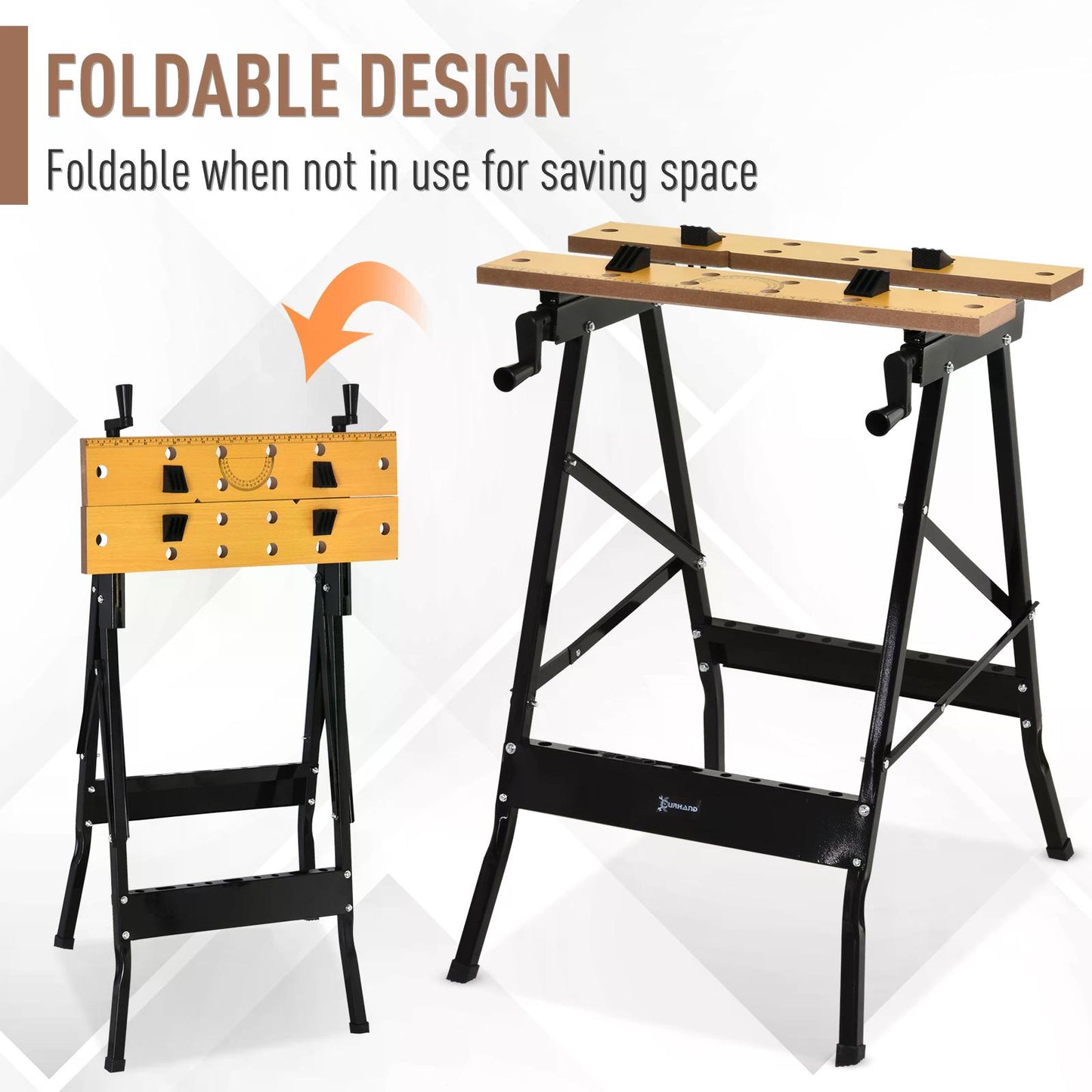 Sawhorse, Foldable Workbench, MDF Top, w Adjustable Clamps Black