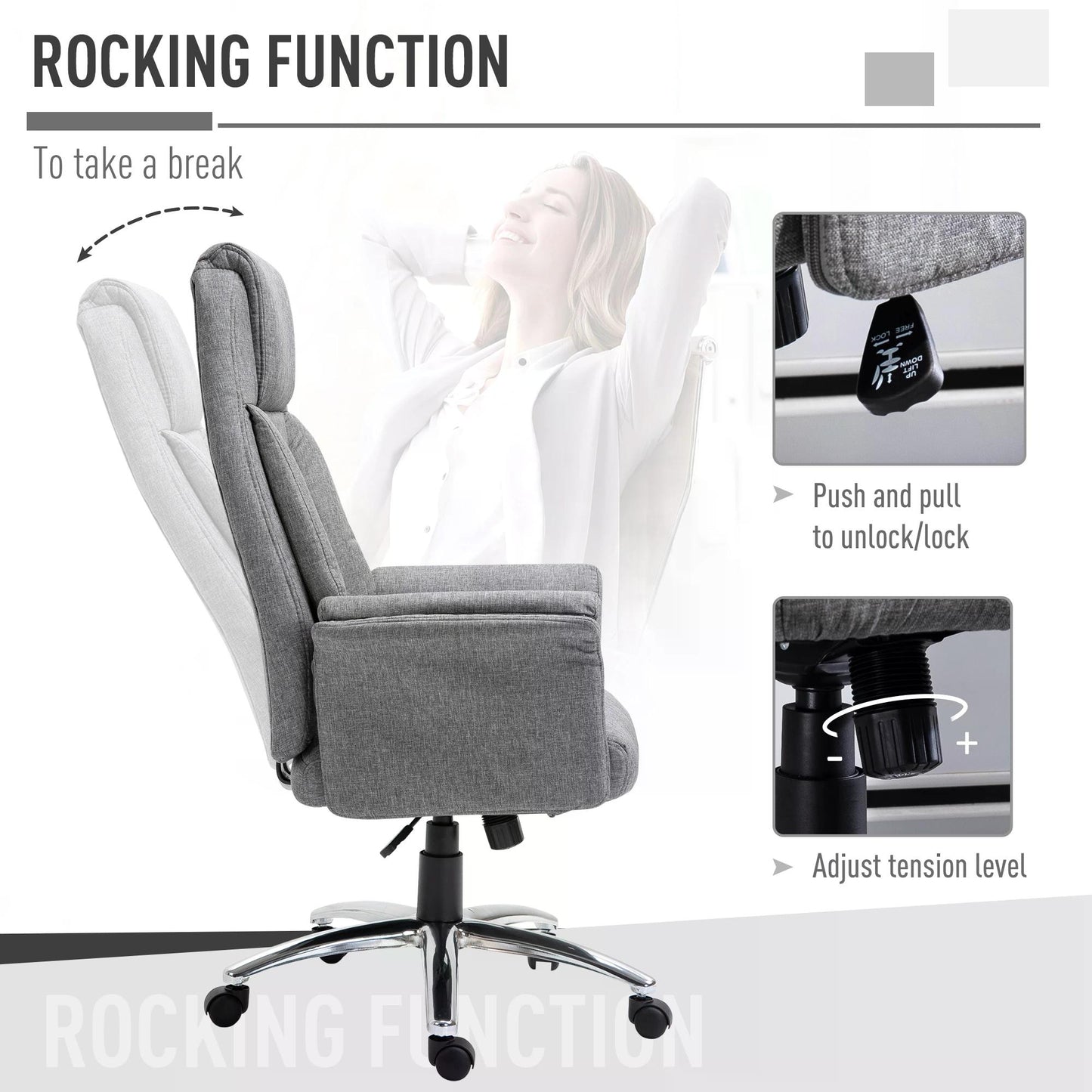 Homcom High Back Office Chair, Grey Desk Chair, Linen-Feel Fabric, Hight Adjustable, Rocking, Double-Tier Armrest