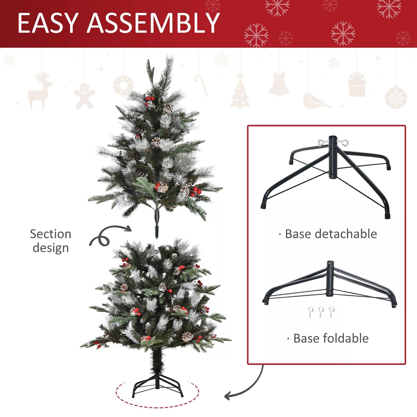 5FT Artificial Christmas Tree, Snow Dipped, Xmas Pencil Tree Holiday Home Party Decoration with Foldable Feet