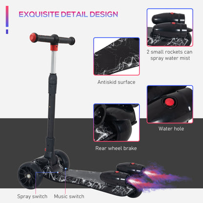 Childrens 3 Wheel Electric Scooter, Foldable, w/ Flashing Light, Height Adjustable, w/ Engine-Look Water Spray Black