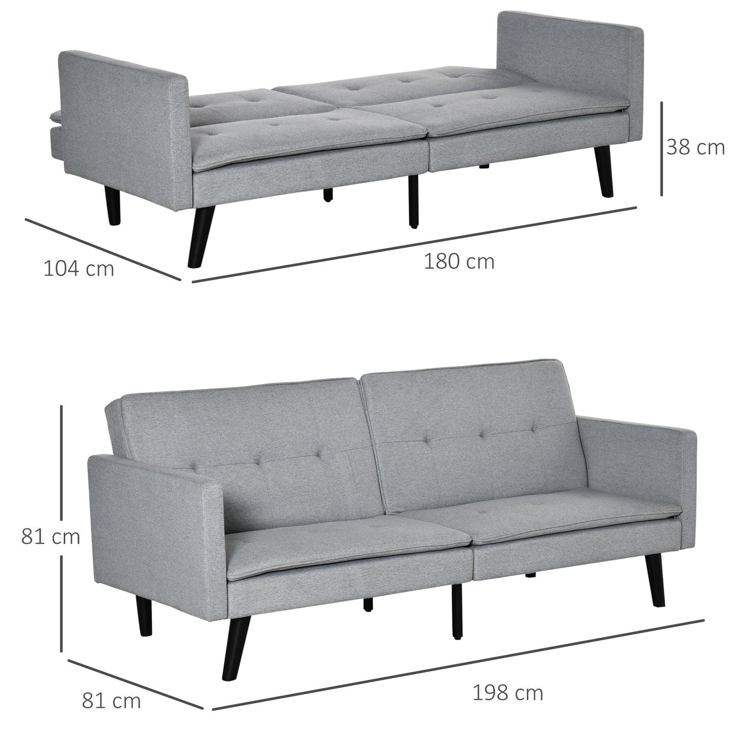 3-Seater Sofa Bed Click-Clack Settee Recliner Couch with Wood Legs for Living Room, Grey