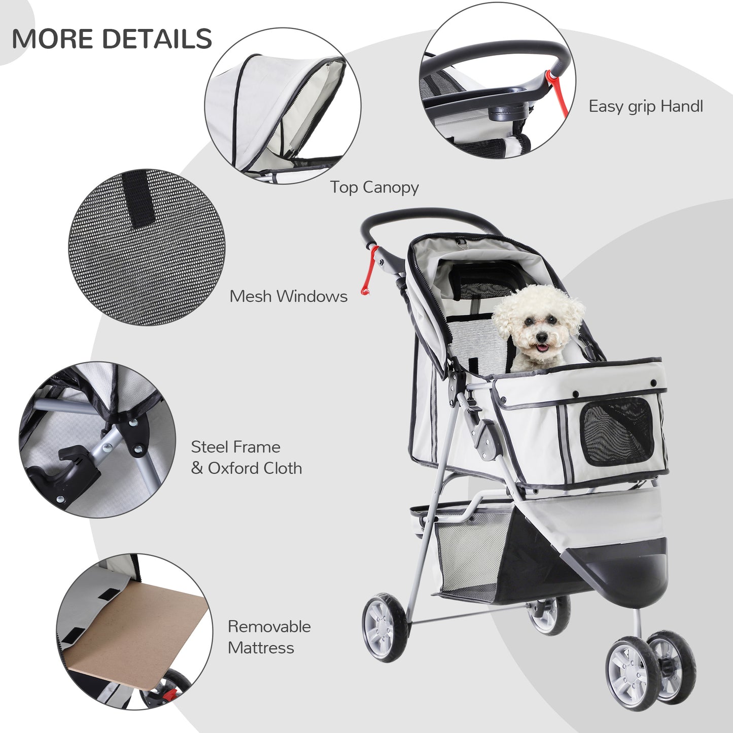 Cat Stroller Pram Pushcahir, Foldable, W/Three Wheels-Grey