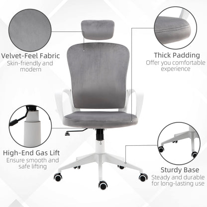 Ergonomic Office Chair High-Back Velvet Style Fabric Computer Home Rocking With Wheels, Rotatable Liftable Headrest, Grey