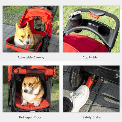 Folding Pet Stroller 3 Wheel Dog Jogger Travel Carrier Adjustable Canopy Storage Brake Mesh Window for Small Medium Dog Cat Red