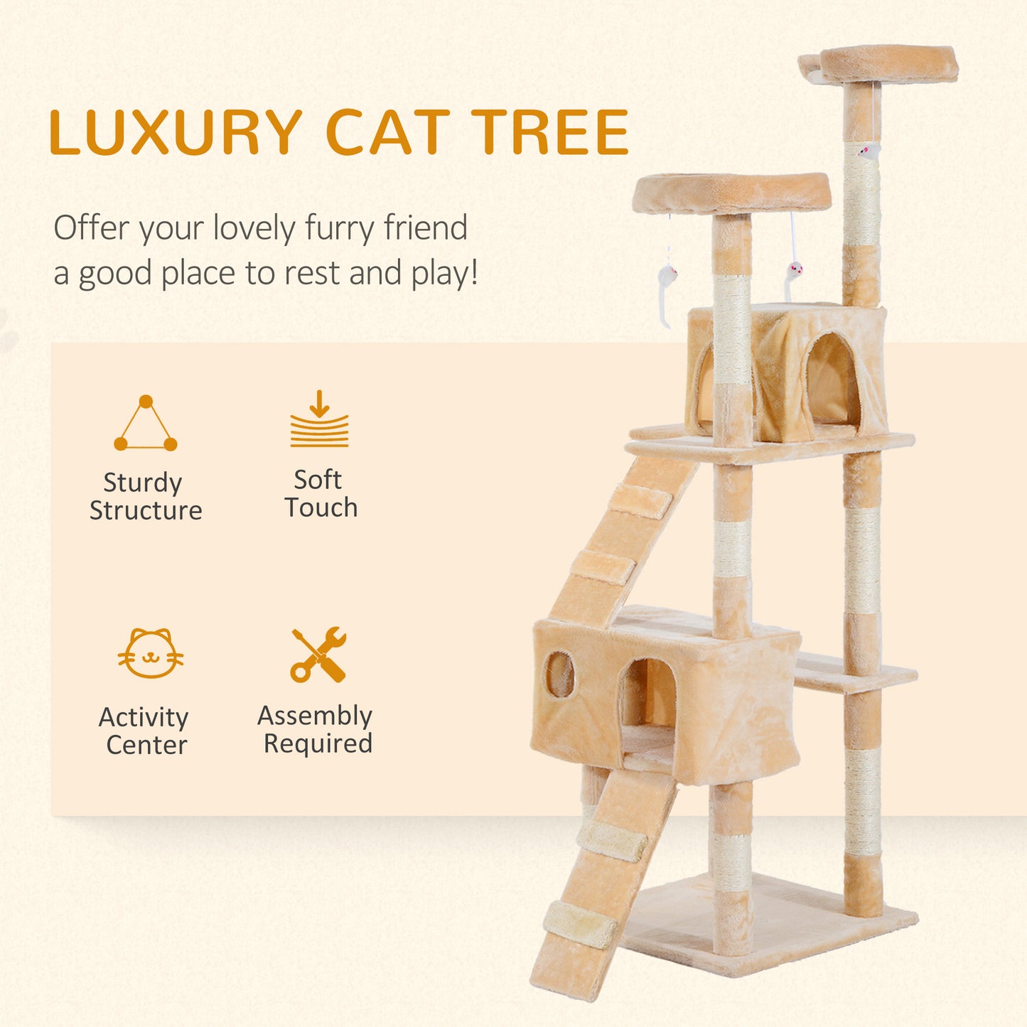 170cm Cat Tree Cat Tower Scratching Post Portable Climbing Tree Activity Center Cream