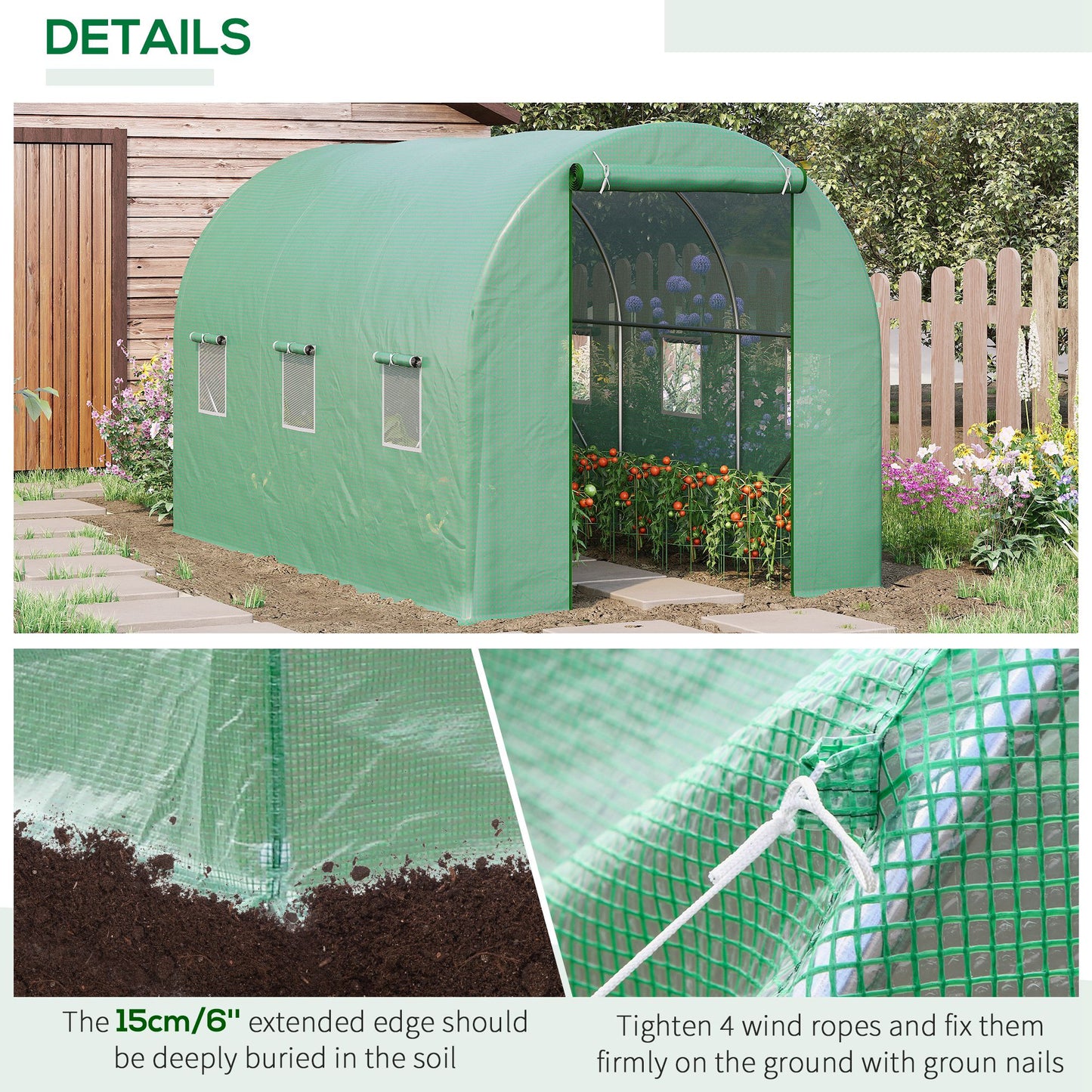 Polytunnel, 3.5 x 2 x 2 m, with Steel Frame, PE Cover, Roll Up Door and 6 Windows, Green