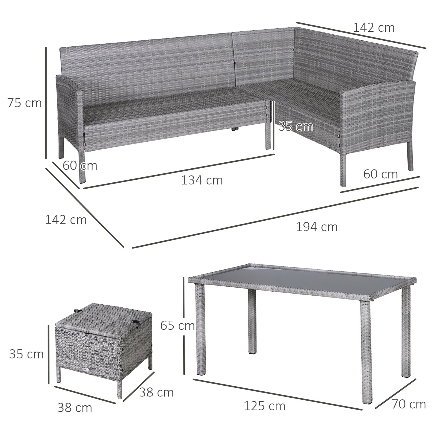 Garden Outdoor 5 PCs Patio Rattan Corner Dining Set 6 Seater Wicker Sofa, Foot Stool, Dining Table with White Cushions - Mixed Grey