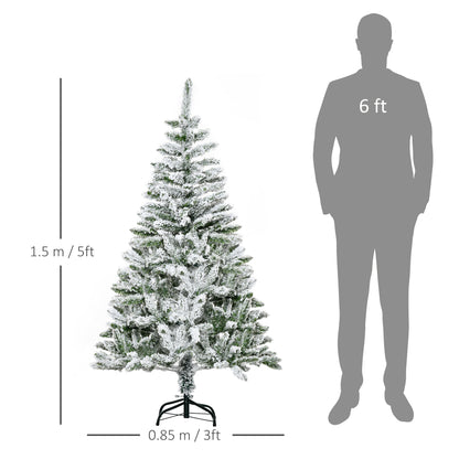 5ft Snow Flocked Artificial Christmas Tree Xmas Pine Tree with Realistic Branches, Auto Open and Steel Base, Green