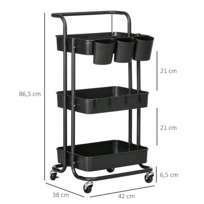 3 Tier Utility Rolling Cart, Kitchen Cart with 3 Removable Mesh Baskets, 3 Hanging Box, 4 Hooks Dividers for Living Room Black